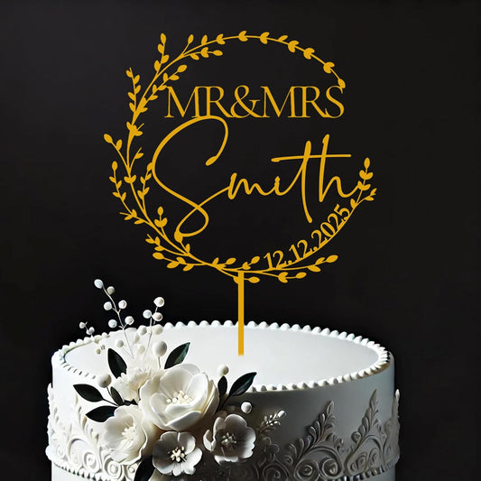 Custom Wedding Cake Topper - Personalized Mr Mrs Cake Toppers - Wood/Acrylic - Silver/Gold/Rose Gold Color Options - Elegant Wreath Design, Gift for Wedding, Anniversary, Engagements, Christmas