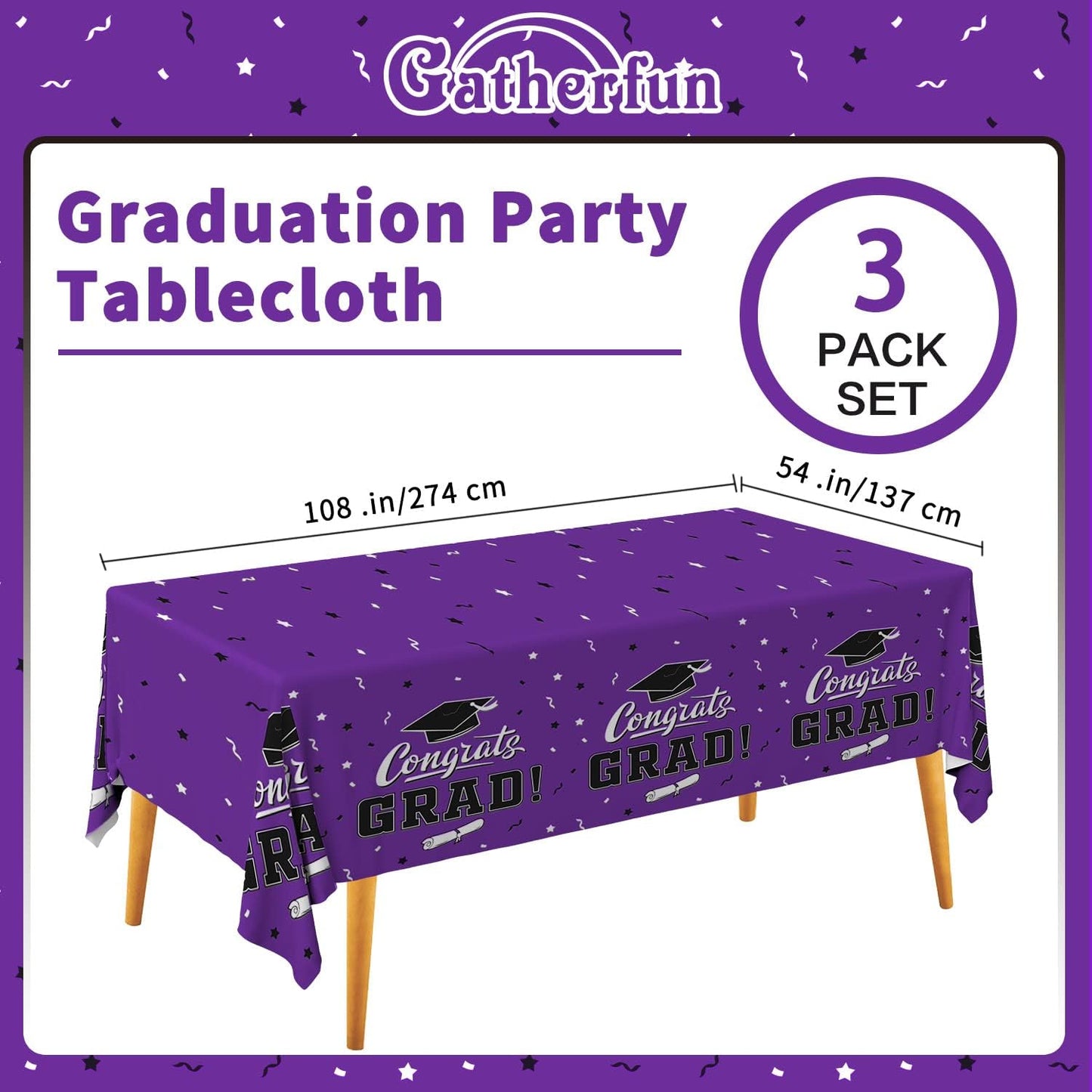 Graduation Party Decorations, Gongrats Grad Tablecover for Graduation Party Supplies, 3 pcs Purple Table Cloths, 54"x108"