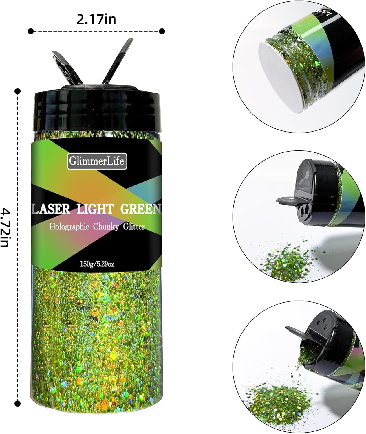 GlimmerLife Green Chunky Glitter 150G/5.29OZ, Craft Glitter for Resin, Nail, Face, Body, Holographic Chunky Glitter, Glitter Sequin Flake Bulk, St. Patrick's Day Decorations, Epoxy Tumblers