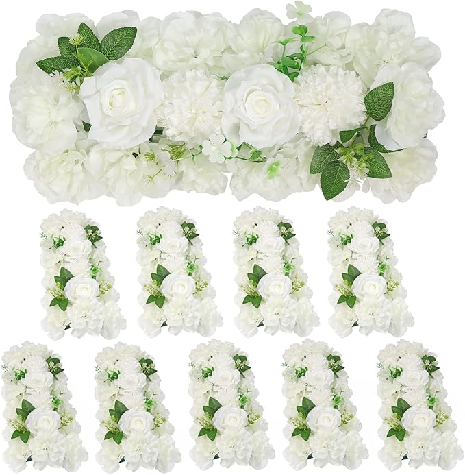Wedding Arch Artificial Flowers Set - 10Pack White Faux Floral Silk Fake Rose Arrangements Realistic 3D Flower Row for Wedding Party Dining Table Reception Ceremony Centerpiece 20''*9.4''*3''