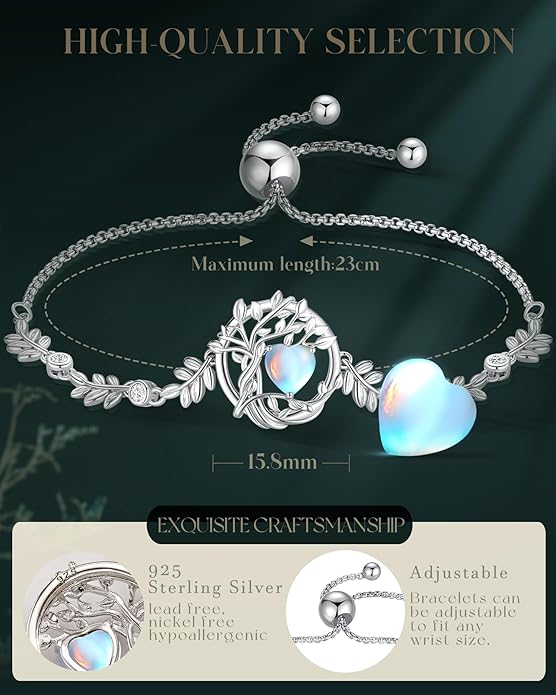 FANCIME Valentines Day Gift Tree of life Birthstone Bracelet for Women Sterling Silver Tree Jewelry Birthstone Charm Bracelet Gemstone Anniversary Birthday Gifts for Wife Mom Her