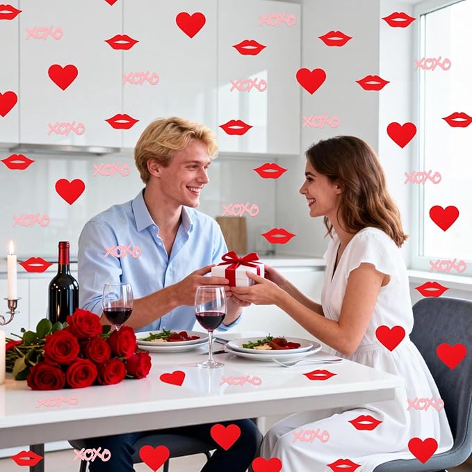 XOXO Letters with Red Lips & Hearts Confetti - 200-Piece Romantic Party Decor, Biodegradable Paper Mix for Valentine's Day, Wedding, Anniversary Table Scatter
