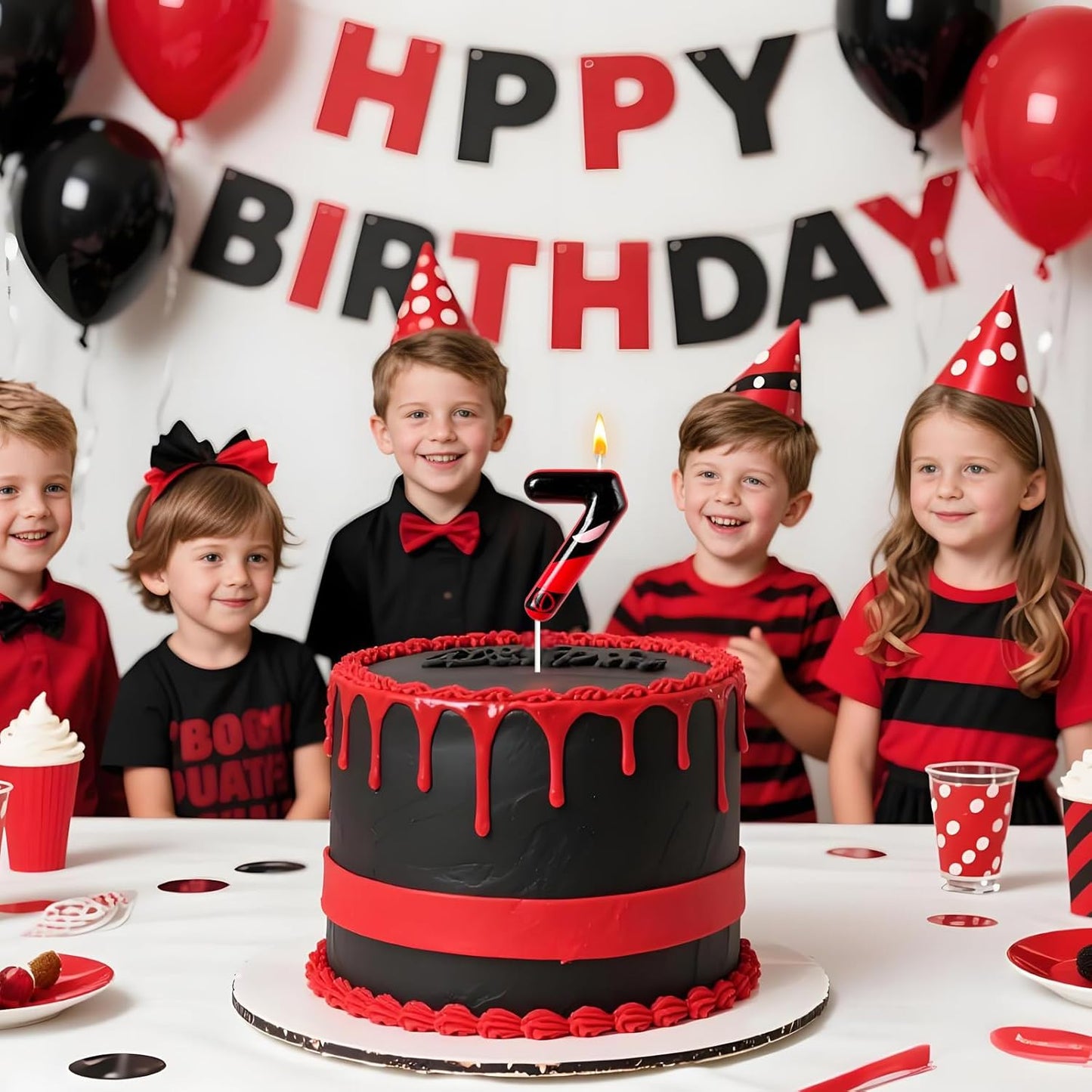 Black Red Mask Number 7 Birthday Candles - Comic Themed Cake Topper for Birthday Decorations Supplies, 7 Candle Party Favors (Number 7)