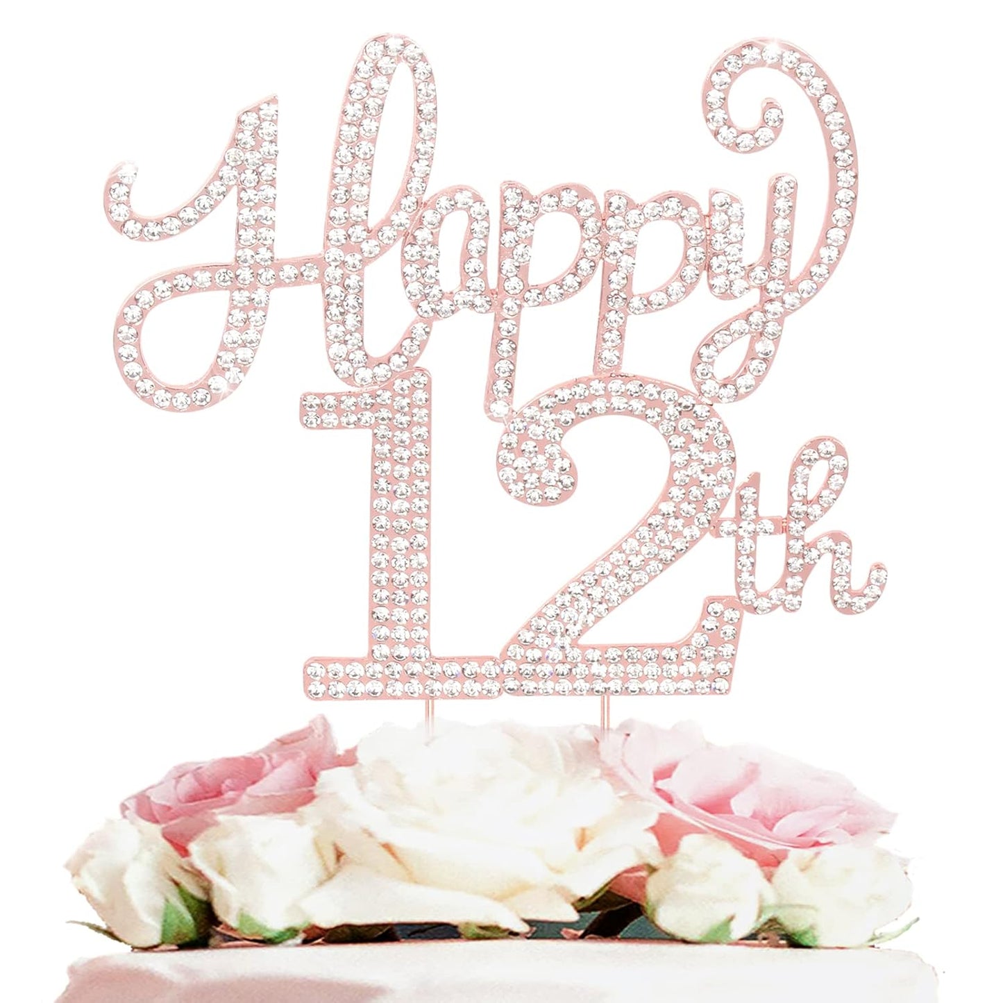 LASKYER Happy 12th Birthday Rose Gold Rhinestone Cake Topper - 12th Birthday/Anniversary,Cheers to Twelve Years Old Bday Party Metal Sparkly Centerpieces Decorations.