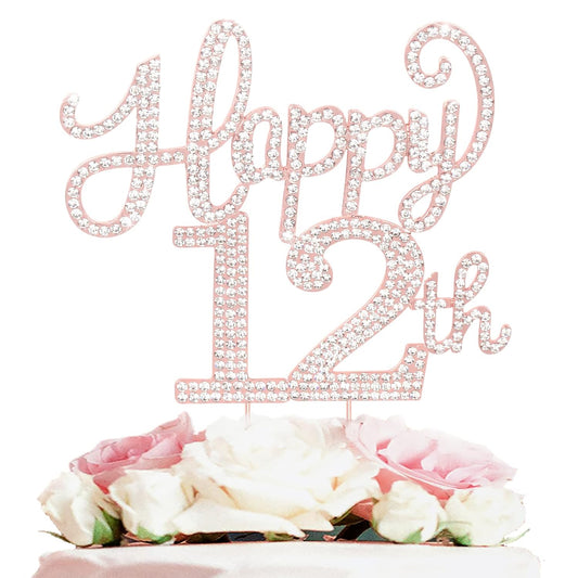 LASKYER Happy 12th Birthday Rose Gold Rhinestone Cake Topper - 12th Birthday/Anniversary,Cheers to Twelve Years Old Bday Party Metal Sparkly Centerpieces Decorations.