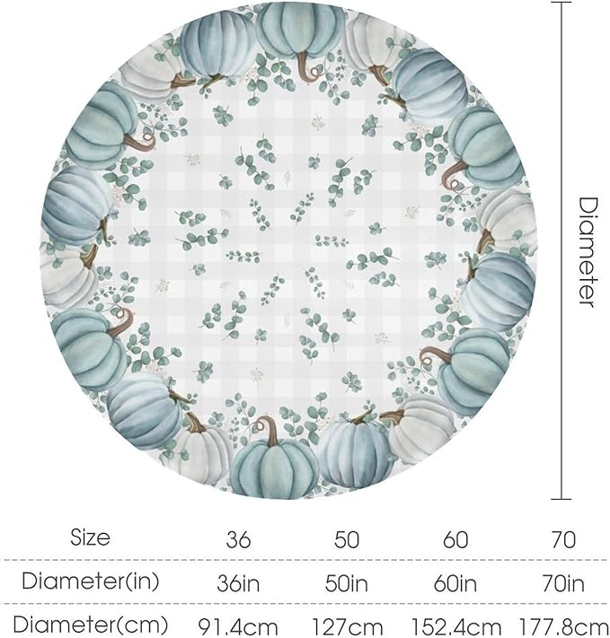 YCness Thanksgiving Pumpkin Tablecloth, Watercolor Eucalyptus Leaves Autumn Harvest Fall Watercolor Blue Gray Grid Table Cover for Party Picnic Dinner Kitchen 70x70 Inch Round