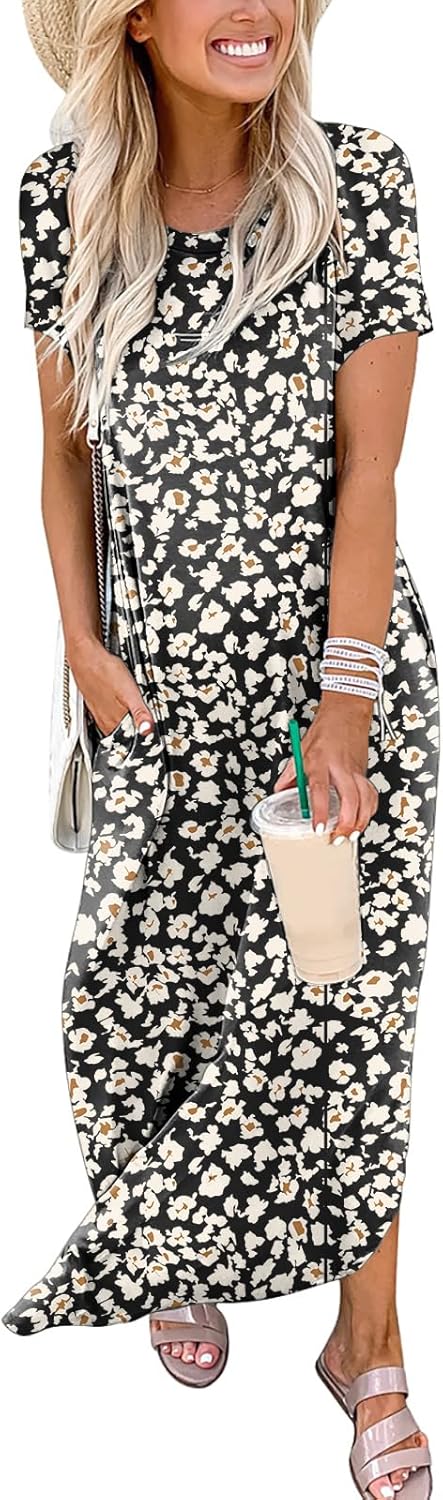 ANRABESS Womens Summer Maxi Dress Short Sleeve Casual Loose Long T Shirt Dresses Split Vacation Beach Sundress Travel Outfits