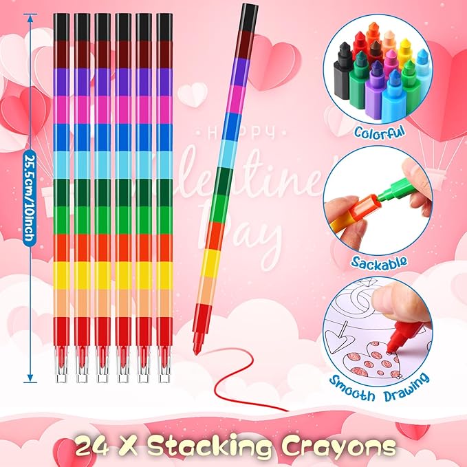 BenLouis 24 Valentines Day Mini Coloring Books Kids with 24 Stacking Crayons Valentines Day School Party Favors Activity Books Bulk for Kids Valentine's Day Goodie Bag Gift Stuffer Classroom Reward