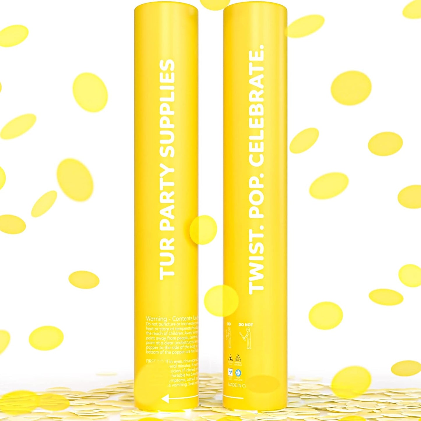 2 Pack Confetti Cannon Confetti Poppers | Biodegradable Yellow Confetti | TUR Party Supplies | Launches Up to 25ft | Giant (12 in) | Party Poppers for Graduation, Birthdays, Weddings, and Memorial Day