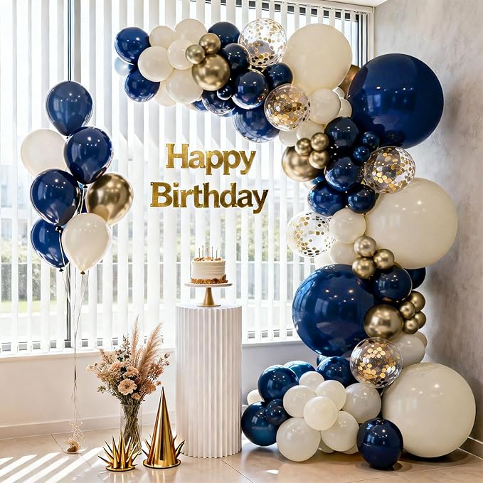 Blue and Gold Balloons Arch Kit, Navy Dark Blue Latex Balloon Arch Kit with Chrome Gold Sand White Balloons Garland and Gold Confetti Balloons for Wedding Boy Birthday Gender Reveal Party Decoration