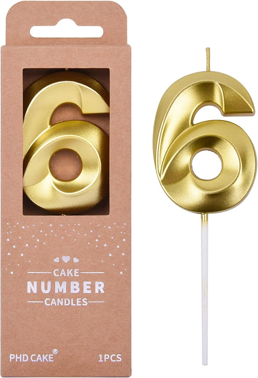 PHD CAKE 2.76 Inch Diamond Gold 6 Number Birthday Candles, Gold Number Candles, Cake Number Candles, Party Celebration