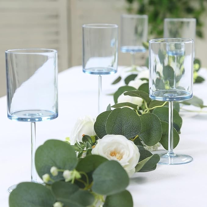 Efavormart 6-Pack Transparent Dusty Blue Plastic Cylindrical Wine Glasses 10oz, Long Stem - Shatterproof Reusable Cocktail Glasses