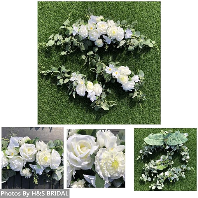 Wedding Arch Flowers,3Pcs Set White Rose Decorative Floral Swags, Artificial Greenery Eucalyptus Leaves Flower For Sheer Drapes, Wedding Chair, Arbor, Wedding Ceremony and Reception Arrangement