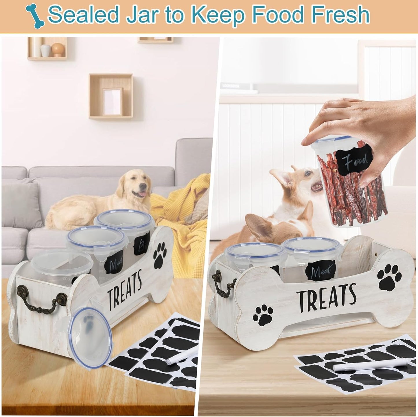 WGFKVAS Dog Treat Storage Containers, 3 Jar Pet food container, White Wooden Pet Food Dispenser for Dogs & Puppies, Perfect Food Storage Solution and Gift for Dog Owners