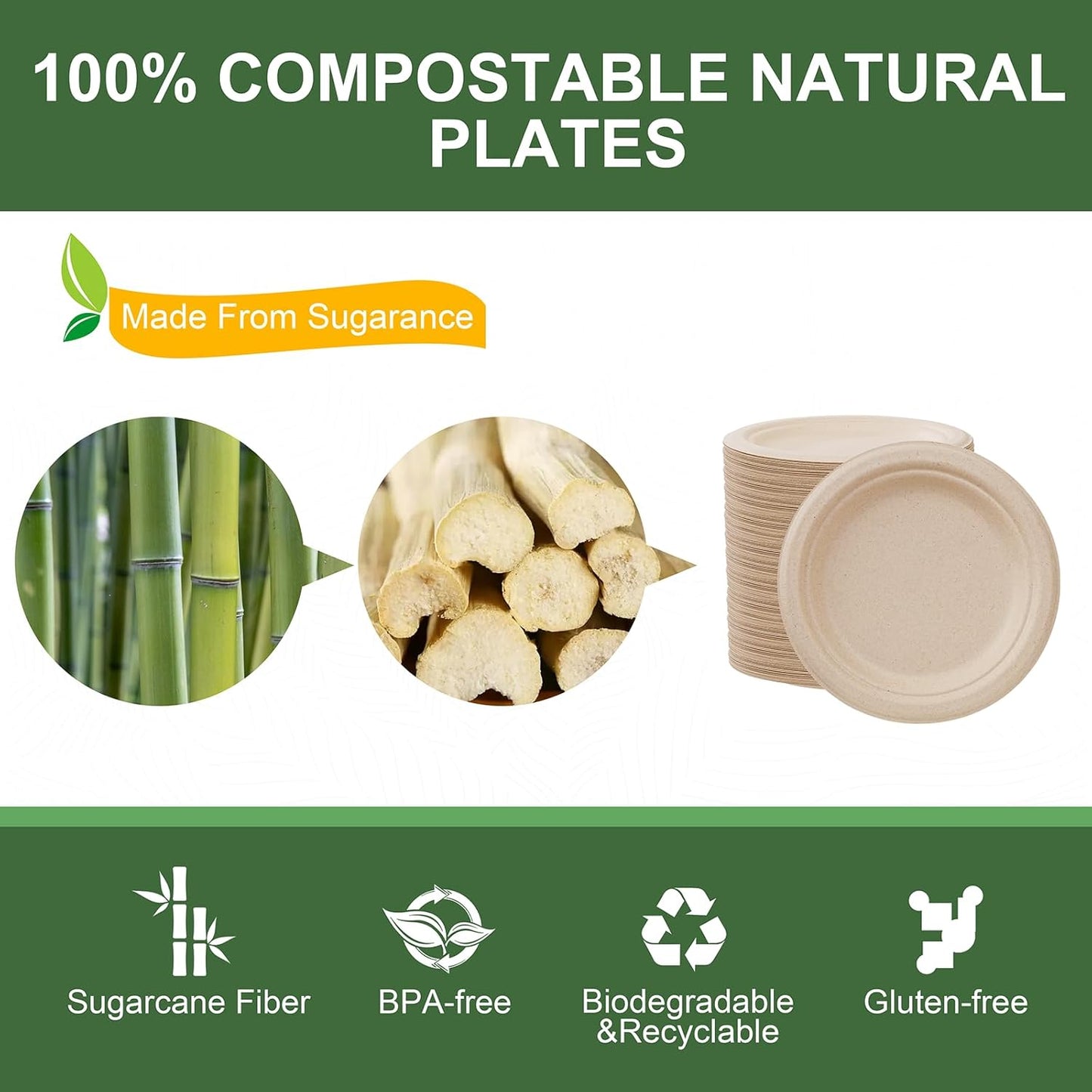 WELLIFE 7 Inch Paper Plates, 125-Pack Small Dessert Paper Plates Bulk, 100% Compostable Biodegradable Bagasse, Eco-Friendly Disposable Plate for Dessert,BBQ,Picnic,Party (BPI Certified,Microwaveable)