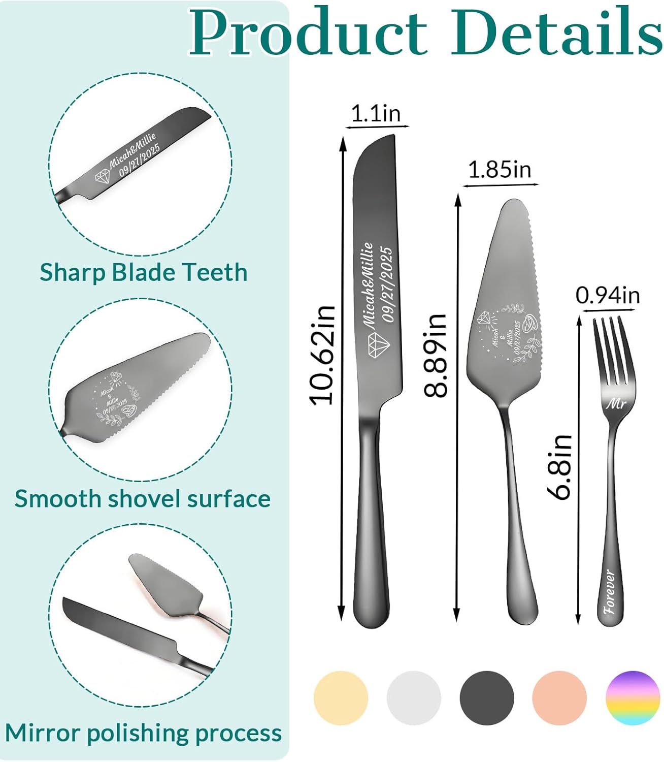 HJX Personalized Wedding Cake Knife and Server Set, Custom Names Cake Cutting Set, Customized Knife and Cake Server Set Gift for Bridal Anniversary Birthday Wedding Registry (Black)