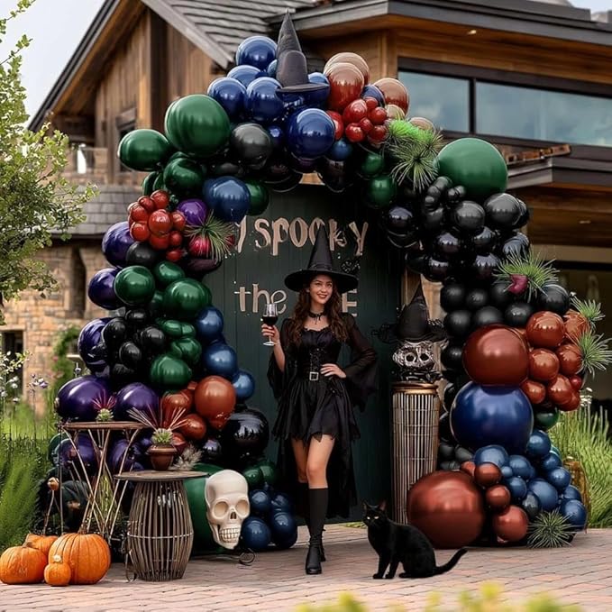 Halloween Balloon Arch Double Stuffed, Dark Green Navy Blue Burgundy Purple Black Balloon Garland Kit for Halloween Birthday Witch Gothic Spooky Magic Party Decoration