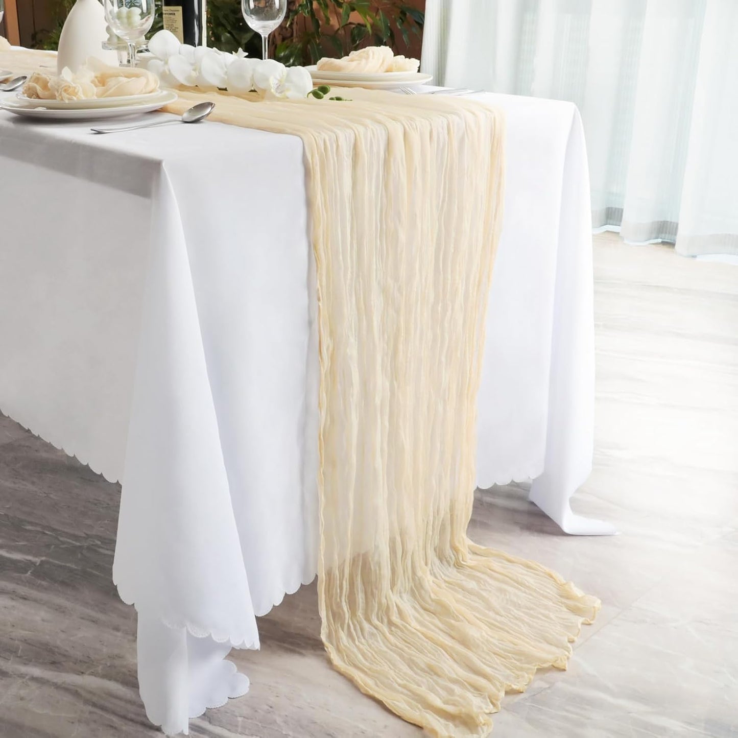 NESCCI 2 PCS Beige Table Runner,Rustic Boho Cheesecloth Table Runner,35x120 Inches Beige Runners for Tables, Pefect for Mothers Day Wedding Baby Shower Birthday Party Home Decorations