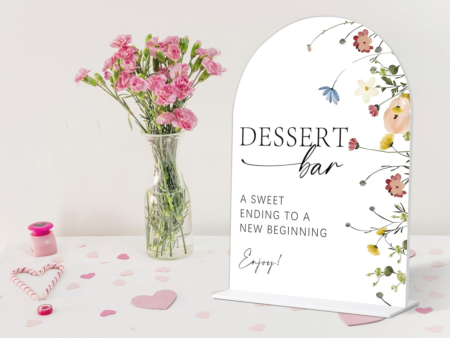 Dessert Table Sign, Flower Style Bridal Shower Sign for Wedding, Engagement, Bridal Shower and Reception, Dessert Table Decorations, Wedding Shower Favors, 6X8 Inch Acrylic Arch Sign with Stand,30