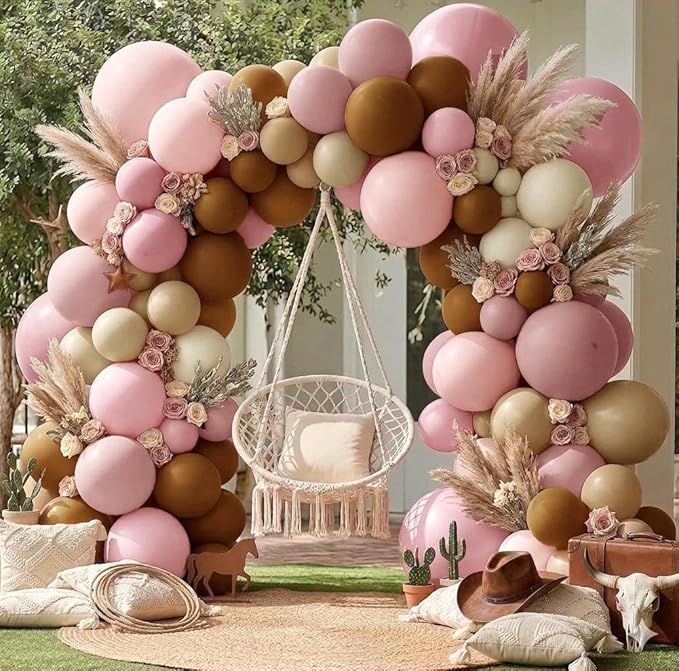 Pink Brown Balloon Arch Kit Double Stuffed Light Dusty Rose Pink Mauve Sand White Cream Nude Tan Balloon Garland for Birthday Cowgirl Baby Shower Bridal Wedding Western Boho Party Decoration