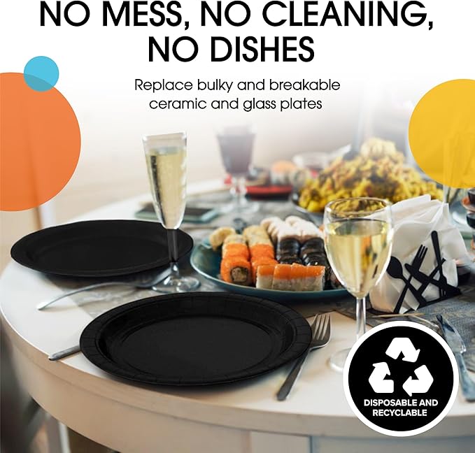 Exquisite Party Solids Black Paper Plates Disposable Heavy Duty 9 Inch Black Disposable Plates For Party 100 Pcs Heavy Duty 350 GSM, Birthday Supplies