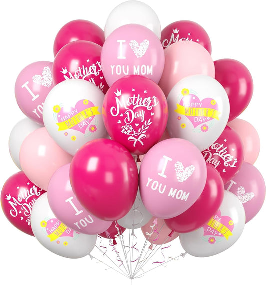 Paready Mother's Day Balloons Set, 60Pcs Pink White Mom Printed Balloon, 12 Inch Helium Light Hot Pink White Latex Balloons for Mother's Day Party Decoration Supplies