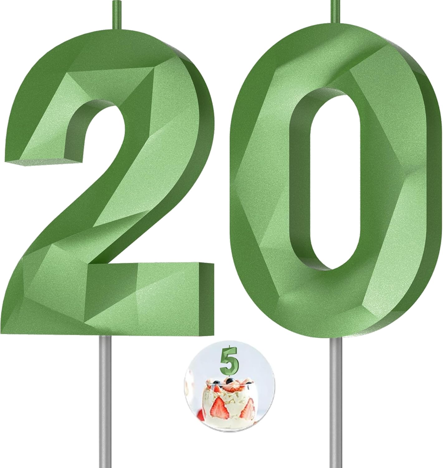 Number Birthday Candles(20 Candle Green) 3D Diamond Shape Number Happy Birthday Cake Candles for Birthday Party Wedding Decoration Reunions Theme Party