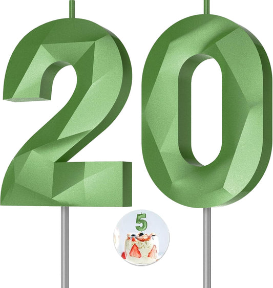 Number Birthday Candles(20 Candle Green) 3D Diamond Shape Number Happy Birthday Cake Candles for Birthday Party Wedding Decoration Reunions Theme Party