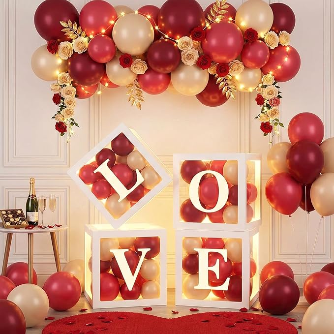 Valentines Day Party Decorations, Balloon Boxes with Letters/Backdrop/I Love You & Lip Foil Balloon/Long Balloons/Red and Rose Gold Balloons, Galentines Wedding Engagement Anniversary Decor