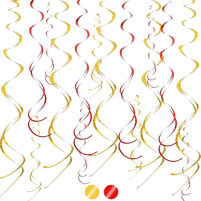 BEISHIDA Red Gold Hanging Swirls Party Decorations Plastic Streamer for Retirement Party Ceiling, Birthday New Year Graduation Wedding Hanging Party Supplies, Pack of 20