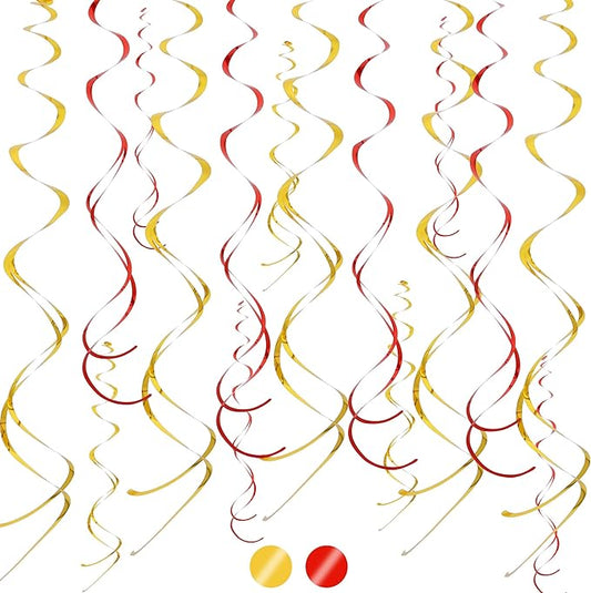 BEISHIDA Red Gold Hanging Swirls Party Decorations Plastic Streamer for Retirement Party Ceiling, Birthday New Year Graduation Wedding Hanging Party Supplies, Pack of 20