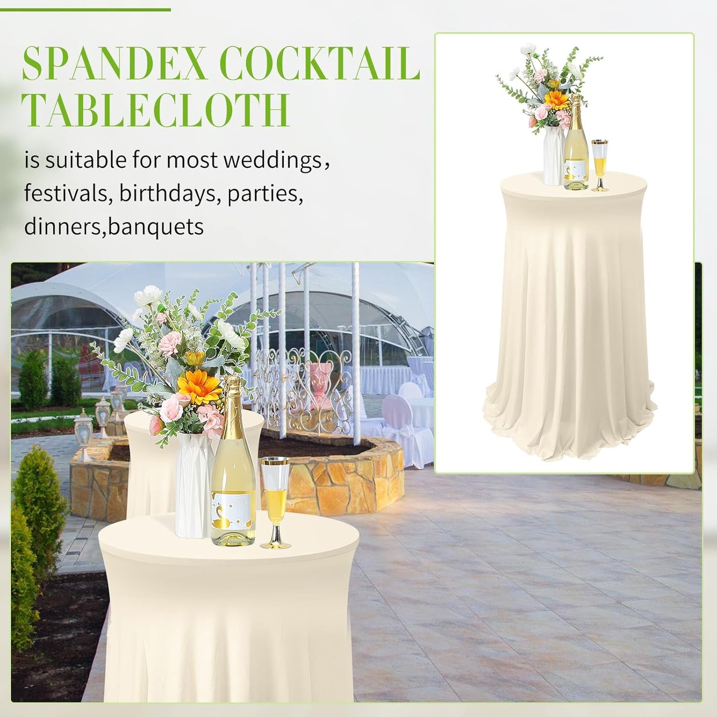 Tegeme 32 x 43 Inch Round Spandex Cocktail Tablecloths with Skirt Cocktail Round Table Cover Spandex Stretch Tablecloth for Fitted High Top Table Bar Wedding Party Banquet (Beige,1 Pack)