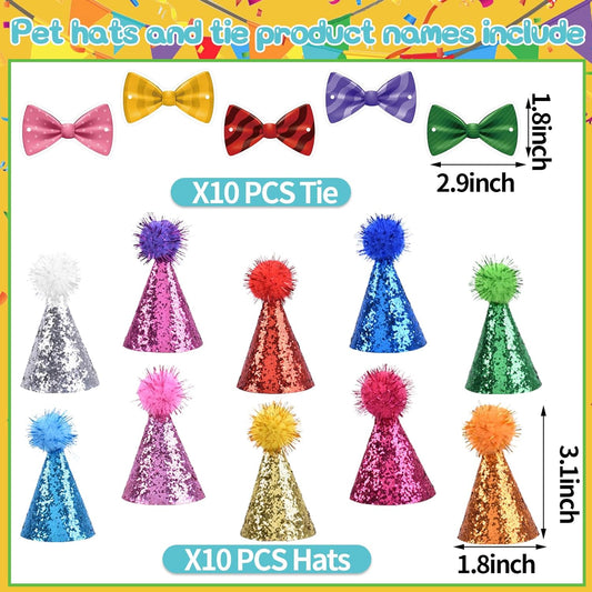 delaimastor Mini Party Hats with Bow Tie for Stuffed Animals, 10 Pack, Reusable Cone Hats with Pom Poms, Birthday Cake Toppers