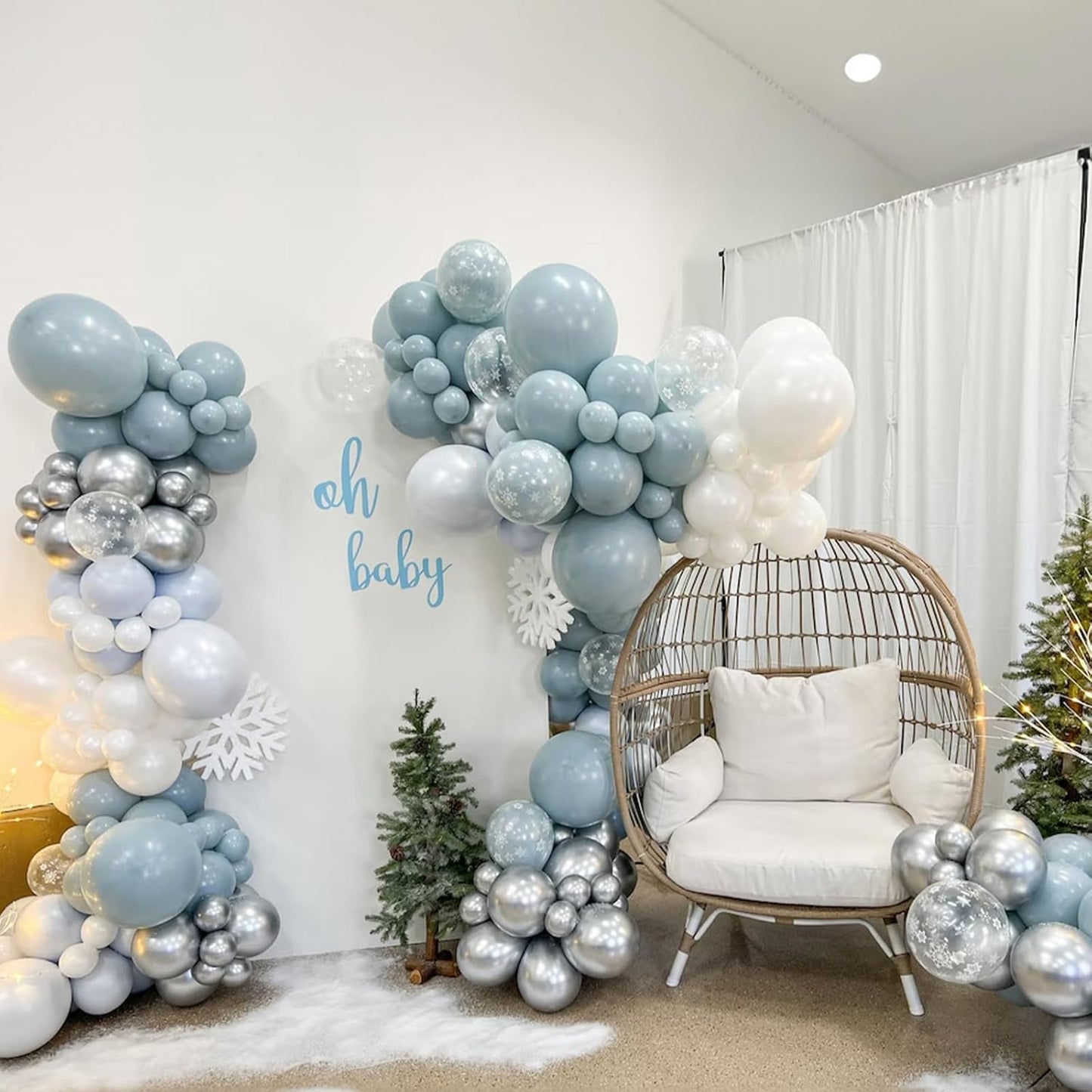 Blue Winter Wonderland Balloons, 60 PCS 12 Inch Snowflake Balloons Dusty Light Baby Blue White and Silver Balloon for Boy Baby Shower Winter Christmas Holiday Birthday Party Decorations