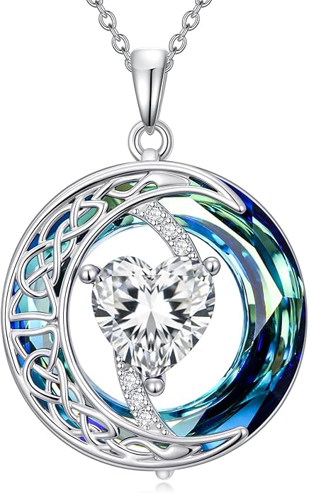Valentines Day Gifts for Women, Birthstone Necklace for Women, Celtic Moon Pendant Blue Crystal Necklace Heart Jewelry Anniversary Jewelry Gift for Daughter Wife Mother Sister