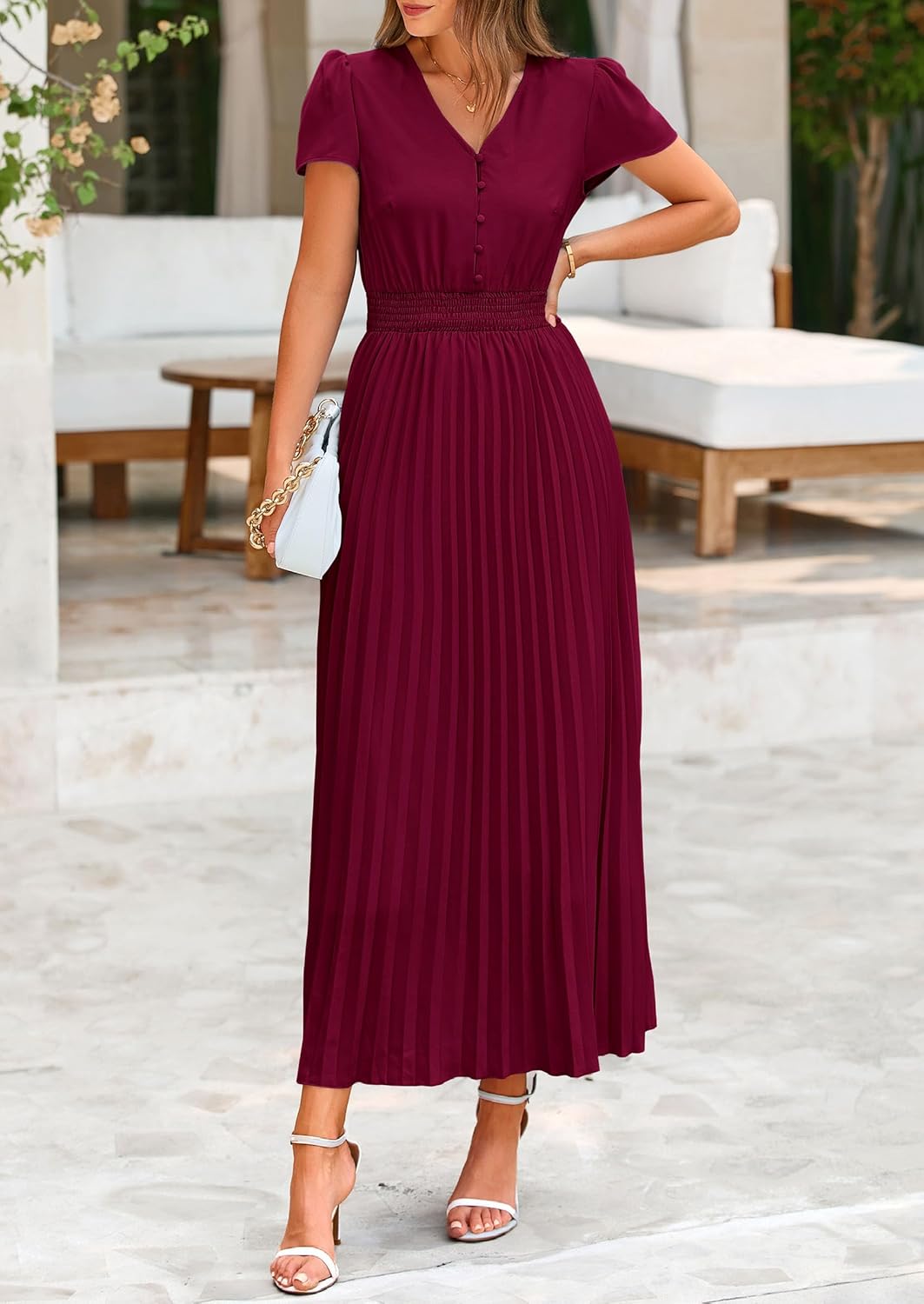 PRETTYGARDEN Women's Maxi Dresses 2025 Summer Trendy Cap Short Sleeve Button V Neck Casual Flowy Pleated Long Dress