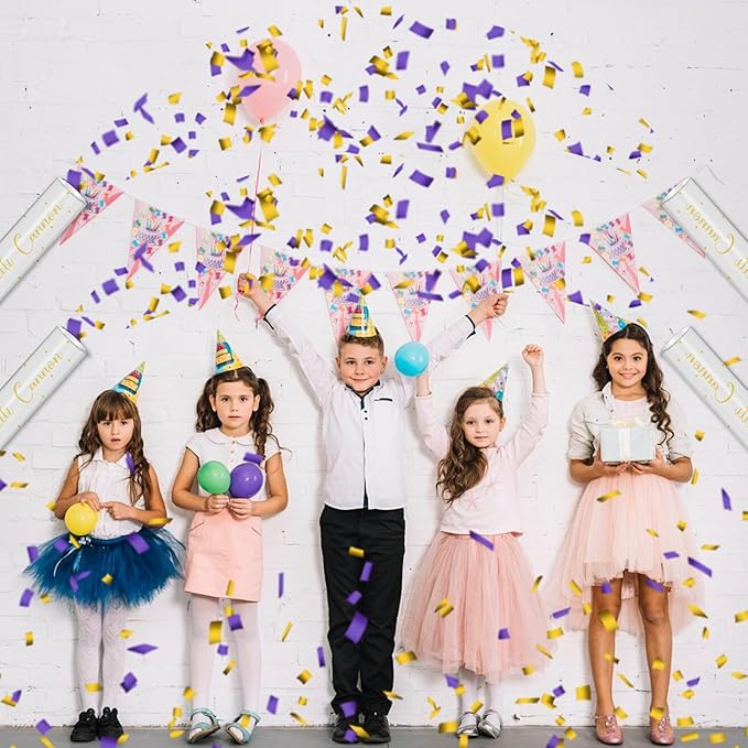 12" Purple & Gold Confetti Cannons - Party Poppers for Birthday Graduation Wedding Celebrations - Easy to Use, Biodegradable - Pack of 4