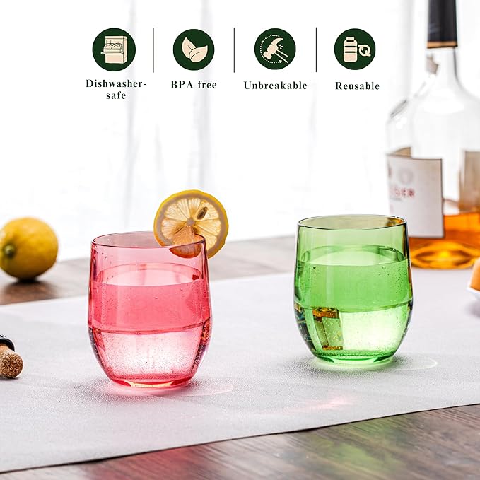 14oz Colorful Thick Stemless Wines Cups (Set of 6), Shatter-Proof Acrylic Old-fashioned Glasses, Reusable Plastic Bar Glasses, BPA-Free, Dishwasher-Safe
