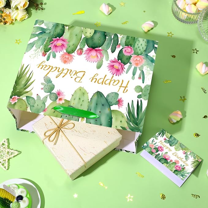 Cactus Birthday Gift Bag Green Happy Birthday Gift Bag with Tissue Paper and Card Cactus Wrapping Paper Party Favors Bag Floral Decorations for Boho Bday Fiesta Wedding Party Supplies