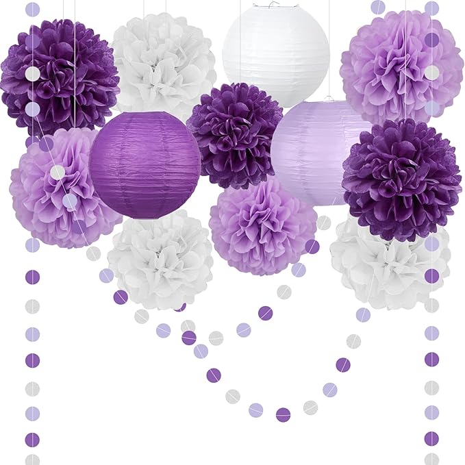 14 Pcs Purple Birthday Decorations for Women - Lavender & Lilac Tissue Pom Poms, Lanterns & Polka Dot Garland for Girls Party, Graduation, Baby Shower, Princess Theme & Bridal