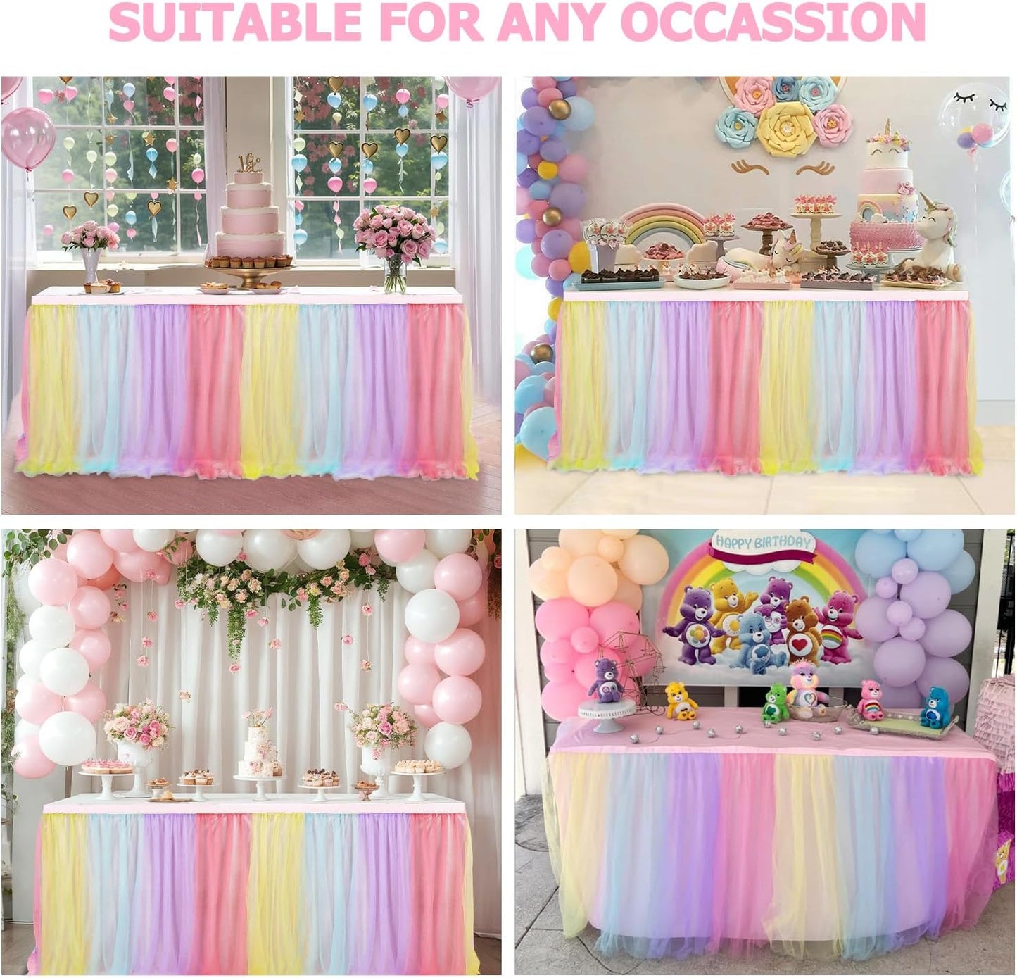 6FT Rainbow Tulle Table Skirts for Rectangle Tables or Round Table Cover with Skirt Princess Rainbow Ruffle Tulle Tutu TableSkirt for Baby Shower Girls Birthday Party Wedding Pastel Tutu Tablecloth