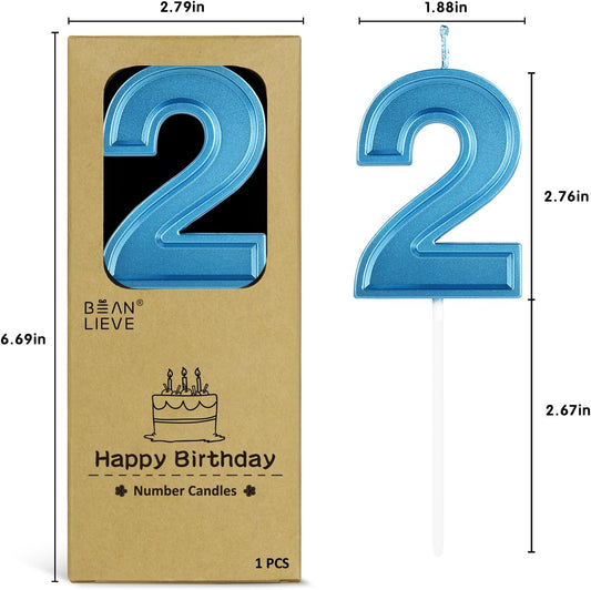 BEAN LIEVE Blue Birthday Candles Number 2, Blue Number Candles, Cake Number Candles for Birthday Parties and Wedding Anniversary Celebrations