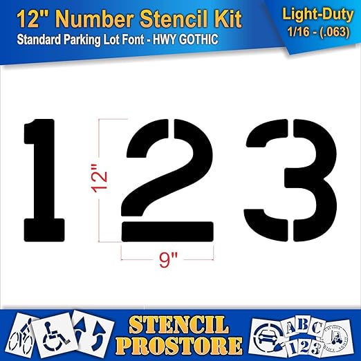Pavement Stencils - 12 inch Number KIT Stencil Set - (12 Piece) - 12" x 9" x 1/16" (63 mil) - Light-Duty