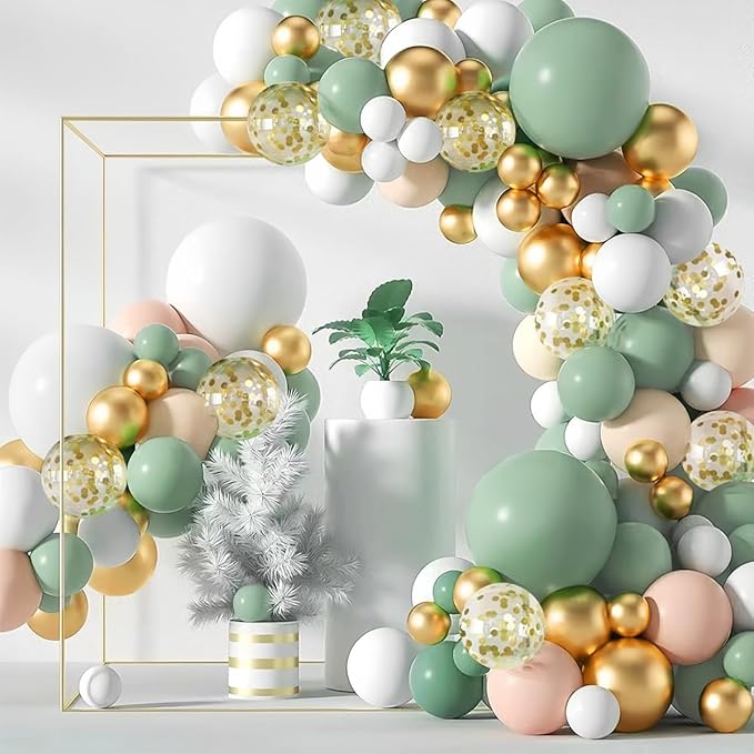 MEBAY Pastel Green Pink White Gold Balloon Arch Kit, 147PCS Fog Green Light Pink White Sand Gold Metallic and Confetti Balloons Garland for Baby Shower Gender Reveal Wedding Party Decoration