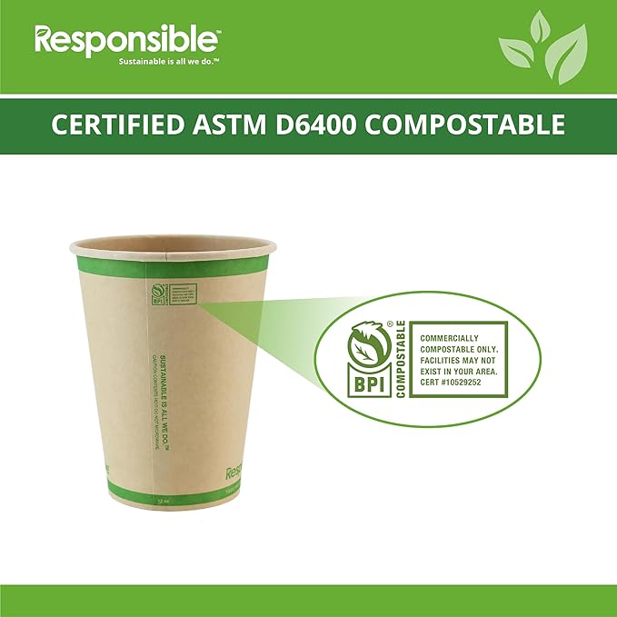 Responsible Products Certified Compostable 12 oz Paper Cups, Cold ＆ Hot Coffee Cups, Disposable Paper Cups, Extra Strength Disposable Cups, Made without PFAS (50 count)