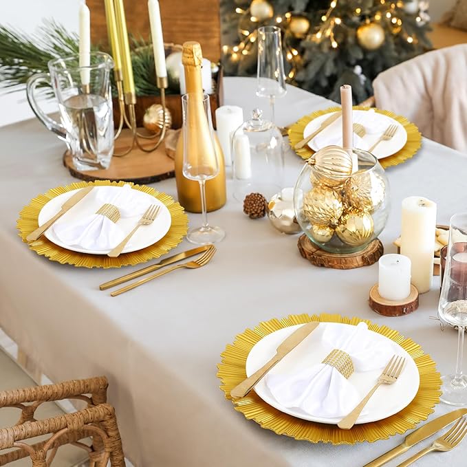 Tanlade 50 Set Bright Gold Charger Plates Bulk with Napkin Rings Plastic 13" Plate Charger Fluted Edge Wedding Decoration for Table Wedding Party Event(Gear)