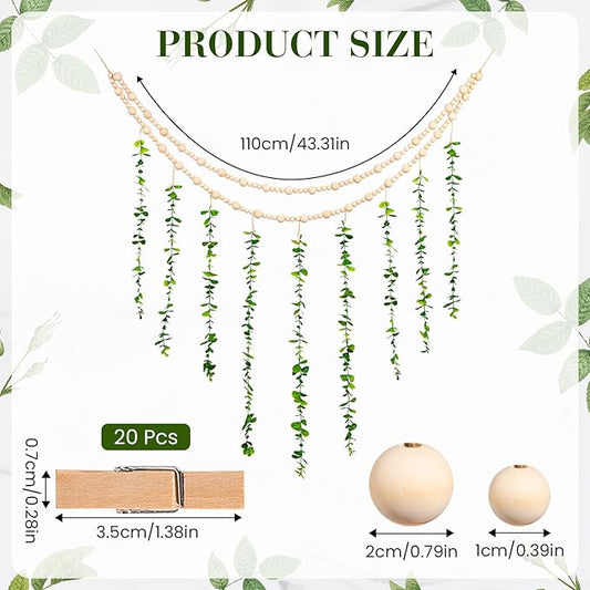 TXIN Hanging Photo Display Holder Wall Decor with Wooden Cards Clips, Boho Style Picture Frame Wood Beads Garland Artificial Eucalyptus Plant Home Decoration for Farmhouse Greenery Cubicle Bedroom