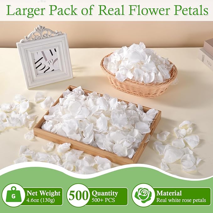 Eslibin 500+ PCS Real White Rose Petals, 4.57oz (130g) Preserved White Flower Petal for Wedding Flower Girl, Dried Flower Petal for Babyshower Bridal Party Aisle Table Scatter Decor