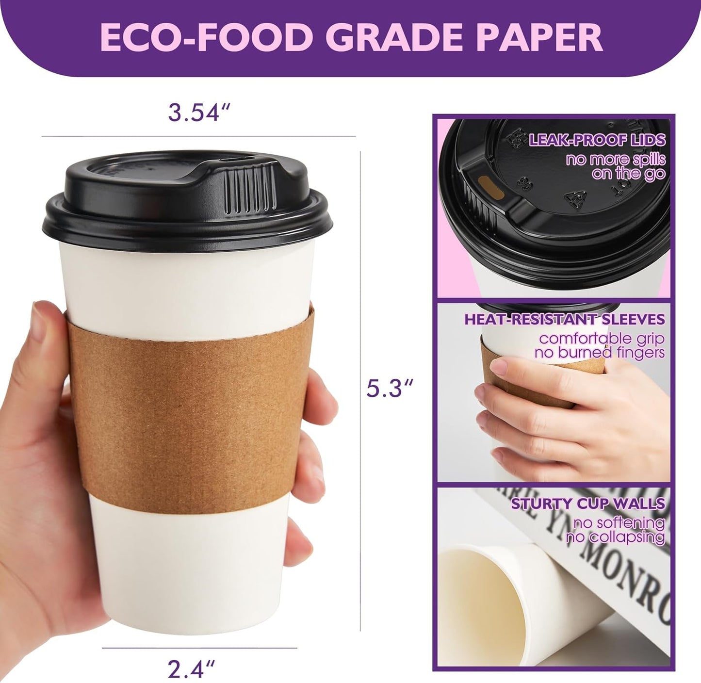 16 oz 100 Pack Disposable Coffee Cups with Lids and Sleeves, To Go Coffee Cups with Lids, Hot/Cold Beverage Drinking Cup for Coffee, Tea