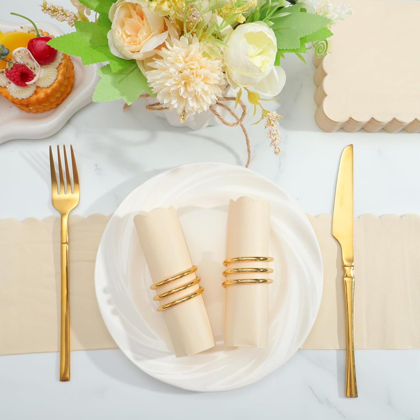 120 Pcs Ivory Cocktail Napkins Scalloped Beige Napkins Disposable Cream Dessert Beverage Napkin for Thanksgiving, Wedding, Baby Bridal Shower, Birthday